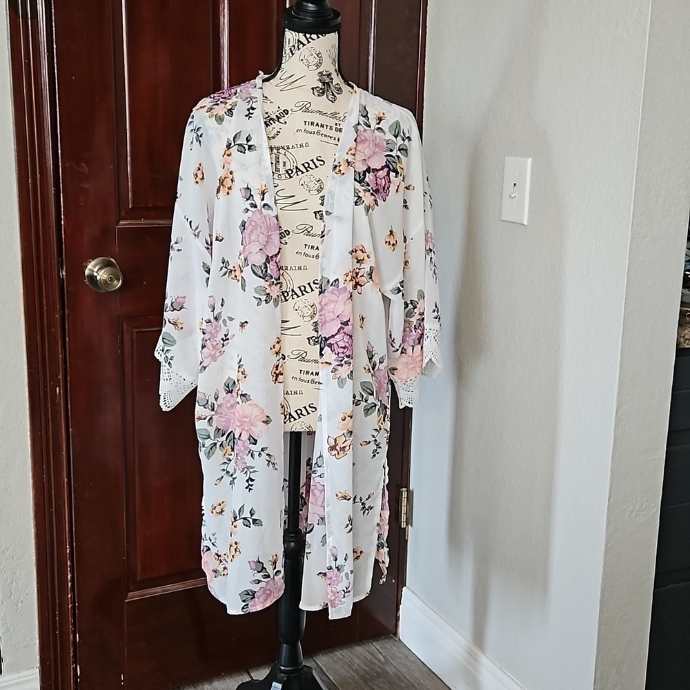 White Floral Print Sheer Kimono Cardigan